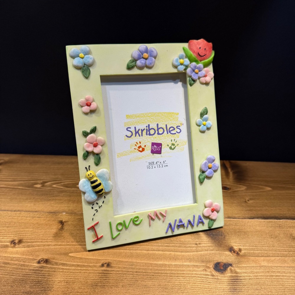 Russ Berrie Skribbles I Love My Nana‎ Picture Frame 4x6 Floral Bee Hand painted